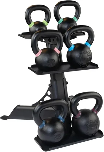 Vista 6 de Body-Solid (GDKR50) Soporte para pesas rusas de 3 niveles, compacto y duradero, soporte de pesas rusas para gimnasio en casa, se adapta a campanas