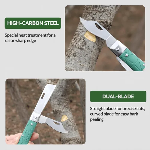 Vista 3 de COMKIT - Cuchillo de injerto profesional plegable de doble cuchilla, árboles frutales, jardinería, injerto, corte, plántulas, brote, herramienta