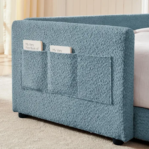 Vista 5 de Cama de suelo tapizada de tamaño matrimonial con valla y bolsillos, cama de Cama de suelo tapizada de tamaño matrimonial con listones y cabecero