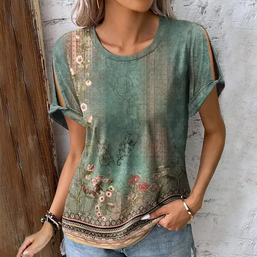Vista 2 de Blusa bohemia floral de verano para mujer, elegante, étnica, casual, holgada, linda, de manga corta, hombros descubiertos, túnica