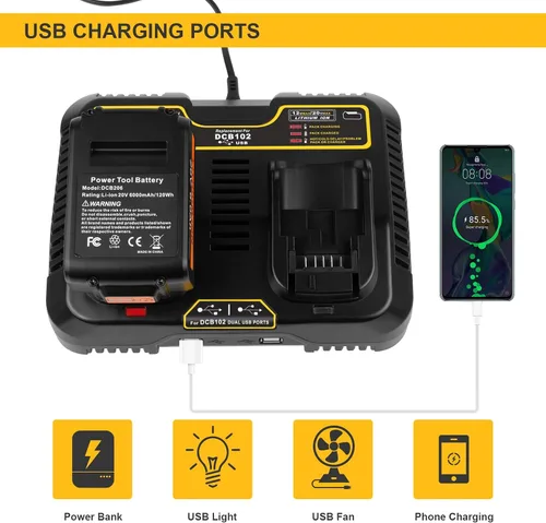 Vista 7 de Futurebatt DCB102 Cargador de repuesto para Dewalt 12V 20V 60V Max Dual Fast Charger Station Cargador de batería DCB203 DCB204 DCB205 DCB206 DCB201