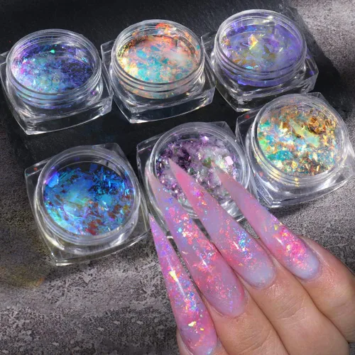 Vista 8 de Arte de uñas holográfico de ópalo con purpurina en polvo, pigmento iridiscente, cristal de hielo, paillettes de sirena, lentejuelas brillantes