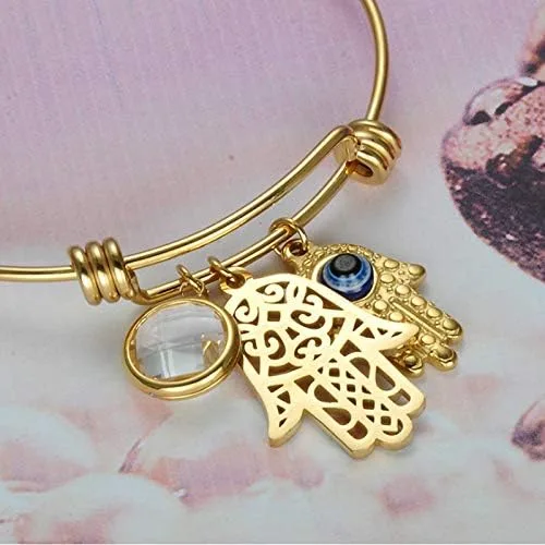 Vista 5 de Pulsera de acero inoxidable con dije de mal de ojo, buena suerte, Hamsa, mano de Fátima, regalo para mujer, Acero inoxidable