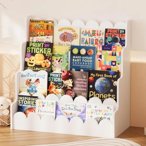 Vista 10 de NACHES Estantería Montessori de 4 niveles para niños, estante de madera con diseño festoneado, organizador de juguetes para guardería, dormitorio