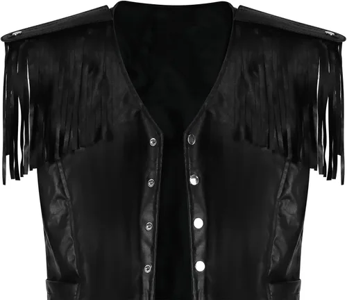 Vista 3 de Fringe Vest Costume Fringe Top For Men Leather Black 80s Disco Hippie Sleeveless Open Front Jacket Halloween Cosplay