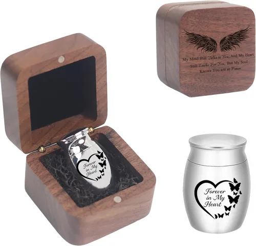 Vista 8 de Urnas pequeñas para cenizas, caja de recuerdo de madera en forma de corazón con ala de ángel, mini urnas de recuerdo de cremación, urna