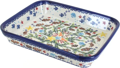 Vista 8 de Blue Rose Polish Pottery - Blue Arctic Holidays Molde Rectangular Pequeño - 9" x 7" - Único, Apto para Lavavajillas y Duradero para Hornear