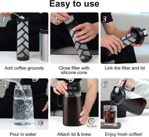 Vista 7 de Sivaphe Cafetera grande de hielo frío de 64 onzas, jarra Traitan Safty Traitan, a prueba de fugas, método de cafetera caliente helada, 2 cuartos