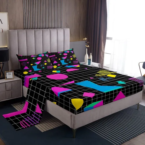 Vista 41 de Erosebridal Juego de sábanas de estilo retro de los años 80, tamaño individual, diseño geométrico abstracto, diseño moderno urbano con círculos