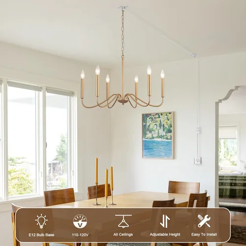Vista 8 de Candelabro de 6 luces enchufables, lámpara colgante con cable de enchufe de 15.1 pies e interruptor, candelabros dorados enchufables para comedor