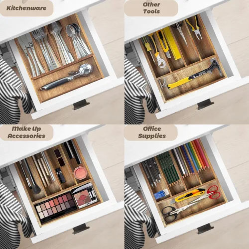 Vista 7 de KITEISCAT Organizador de cubiertos de madera de acacia, organizador de cajones de utensilios de cocina para tenedores, cuchillos y cucharas, bandeja