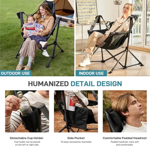 Vista 9 de EVER ADVANCED Hamaca acolchada de gran tamaño, silla columpio compacta y resistente con múltiples bolsillos de almacenamiento, silla mecedora