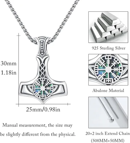 Vista 6 de Mjolnir Collar de plata esterlina S925 Vegvisir Thors Hammer Neckalce Viking nórdico nórdico collares regalos para hombres niños, Plata esterlina
