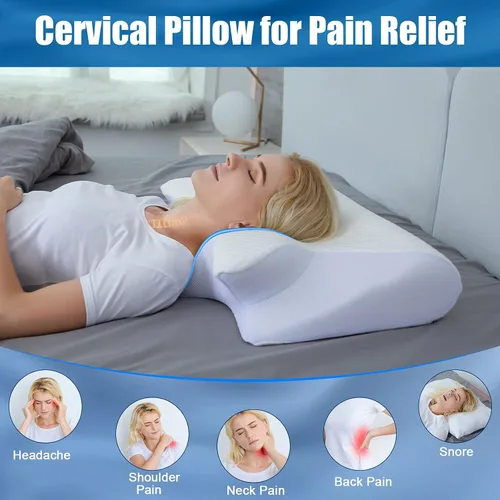 Vista 7 de HOMCA Almohada cervical de espuma viscoelástica Almohada de espuma viscoelástica de contorno para aliviar el dolor de cuello, almohada ortopédica