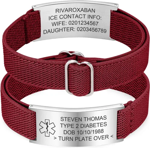 Vista 9 de Pulsera de alerta médica personalizada para hombres - Pulseras de identificación de acero inoxidable con correa elástica personalizada grabada