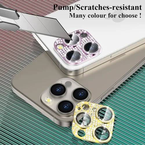 Vista 7 de Paquete de 2 fundas protectoras de lente de cámara con diamantes brillantes compatibles con 15 Pro/15 Pro Max, cobertura completa, protector