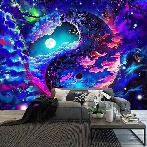 Vista 6 de Aidatain Tapiz de cielo colorido de fantasía, luna, nebulosa deslumbrante, Yin y Yang, tapiz de pared, grande de 80 x 60 pulgadas, tela de franela