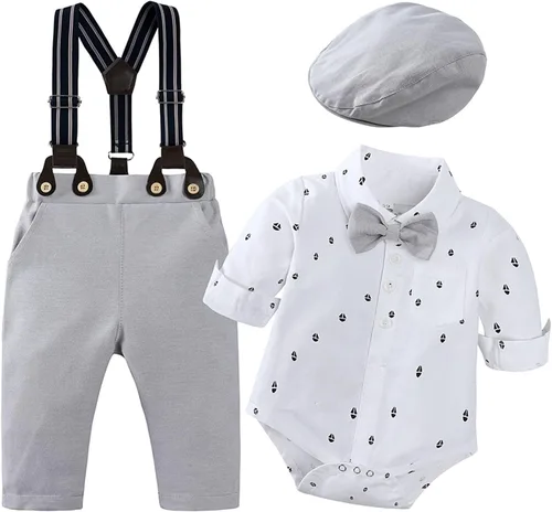 Vista 2 de TAOJIAN Conjunto de traje de caballero para niños pequeños, mameluco con botones para recién nacido+pantalones con tirantes desmontables+pajarita +