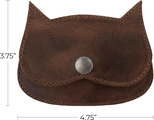 Vista 6 de Hide & Drink, Cartera con forma de gato hecha a mano de cuero de grano completo, Bourbon Marrón, Vintage