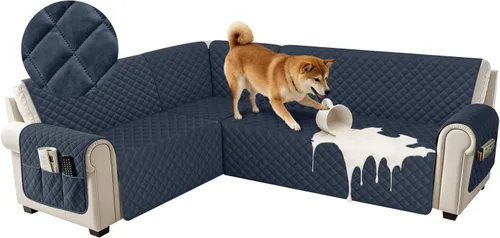 Vista 35 de Fundas impermeables para sofá seccional de esquina en forma de L, de terciopelo, juego de 6 piezas, funda en forma de U para sofá, para perros