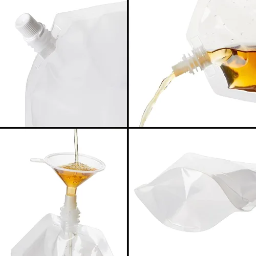 Vista 3 de Paquete de 50 bolsas de plástico reutilizables de 8 onzas con embudos para jugo, refrescos, cerveza (7 x 4 pulgadas)