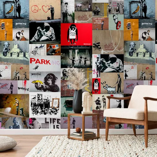 Vista 2 de artgeist Puro - Papel tapiz Banksy de 19 x 394 pulgadas, efecto 3D, autoadhesivo, adhesivo, adhesivo, adhesivo, adhesivo, removible, imagen impresa