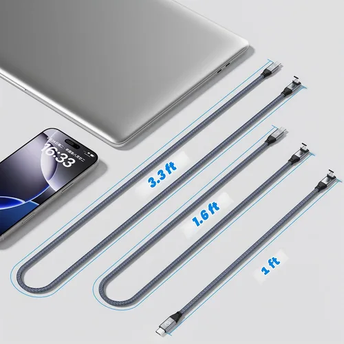 Vista 3 de Cable USB C de 90 grados de 1 pie, cable de datos corto USBC a USBC 3.2 Gris