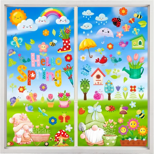 Vista 13 de Calcomanías de primavera para ventana, encanta tus ventanas de cristal con 127 piezas en 9 hojas, diseños de tulipanes, mariposas y flores para una