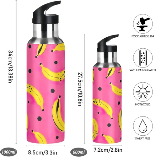 Vista 2 de Stainless Steel Water Bottle 20 Oz, Leakproof Water Bottles for Gym Outdoor Travel School, Yellow Bananas Black Dots