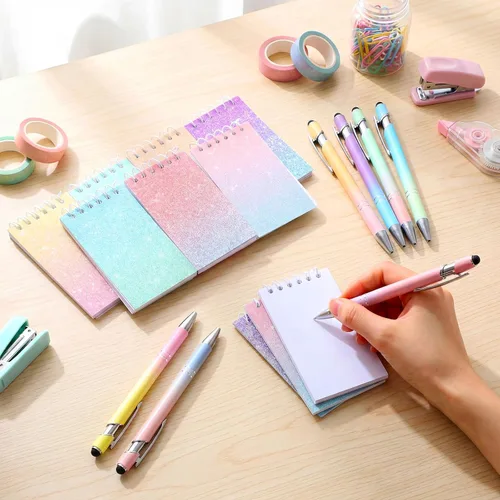 Vista 4 de Sherr Juego de 16 bolígrafos y cuadernos con purpurina, mini bloc de notas en espiral, bolígrafos elegantes para niños y niñas, lentejuelas