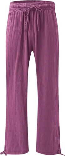 Vista 2 de SHAOBGE Pantalones palazzo de verano para mujer, cintura alta, pierna ancha, casual, cintura elástica, pantalones de playa con bolsillos