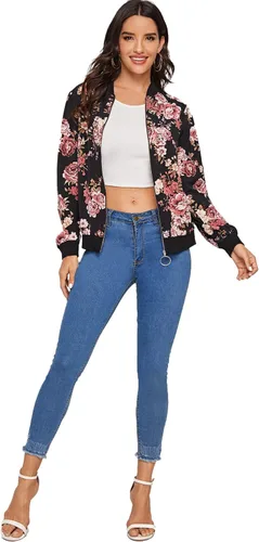 Vista 5 de MakeMeChic Chaqueta de béisbol de manga larga con estampado floral para mujer