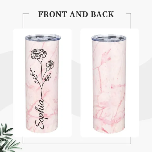 Vista 6 de Regalos personalizados para mujeres, vaso delgado personalizado con nombre, flor de nacimiento, vaso aislado personalizado con tapa y pajita, regalo