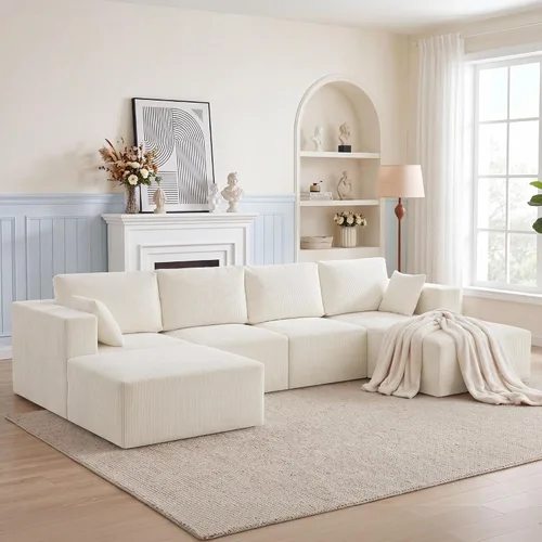 Vista 14 de WUTUTUEE Sofá modular en forma de U de 115 pulgadas, sofá modular modular de 3 plazas con 2 otomanas móviles, sofá cama convertible de pana con Beige