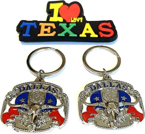 Vista 2 de Juego de 2 llaveros de recuerdo de Texas con imán para nevera con texto en inglés "I Love Texas", Diseño de horizonte de Dallas, Mediana