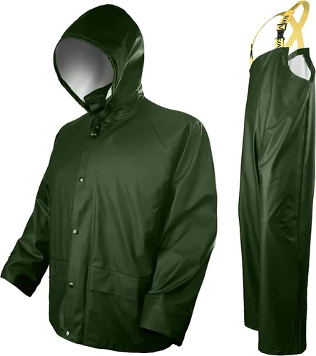 Vista 3 de FWG Traje de lluvia para hombre, chaqueta de trabajo impermeable resistente y pantalones con capucha