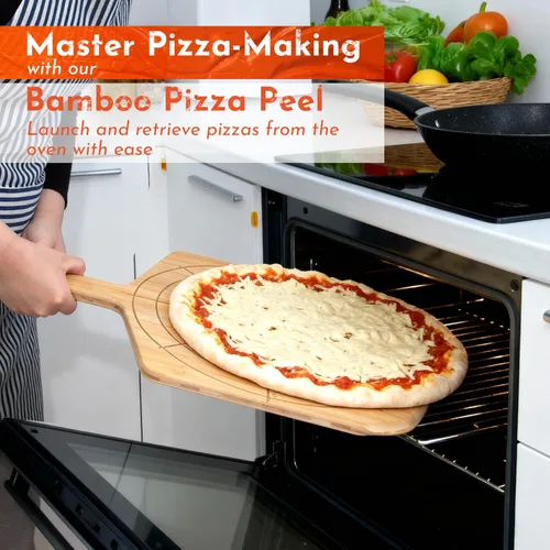 Vista 8 de Pizarra de madera de 12 pulgadas con tamaños grabados, tabla de cortar de pizza de bambú multiusos, cáscara de pizza de madera, espátula de pizza