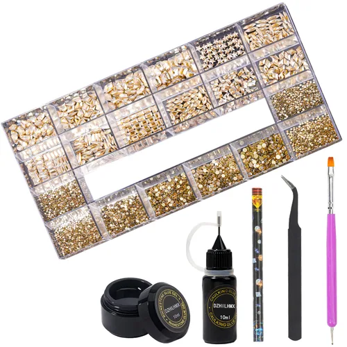 Vista 4 de Diamantes de imitación para uñas, 4300 unidades, oro champán, gemas de múltiples formas, diamantes de imitación de parte trasera plana, con kit