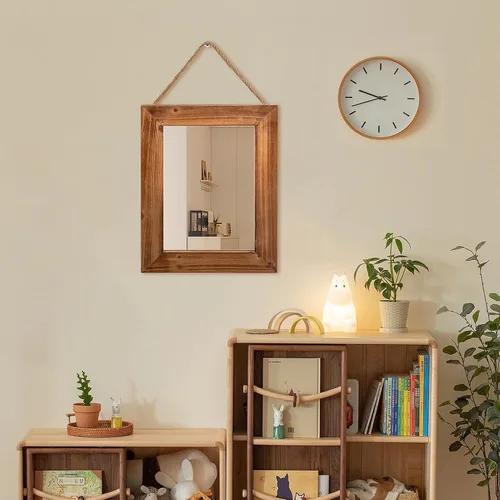 Vista 7 de OKSQW Espejo de pared de granja, espejo rectangular de madera rústica marrón, marco de madera decorativa de 16 x 12 pulgadas, con espejo y cuerda