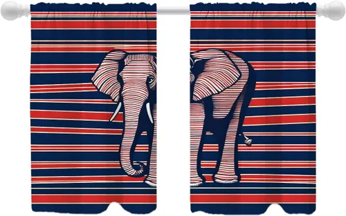 Vista 32 de Shrahala Cortinas republicanas de elefante americano para ventanas de cocina, paneles de cortina de ventana de poliéster multicapa con rayas rojas