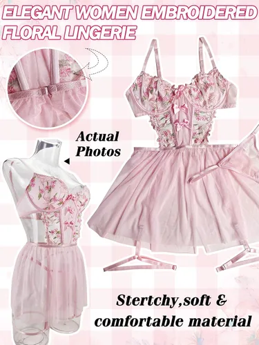 Vista 5 de popiv Conjunto de lencería sexy de encaje para mujer con liguero, lencería floral push up