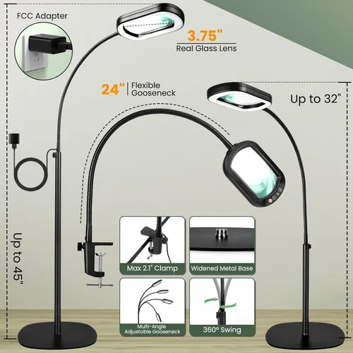 Vista 6 de Lupa 12X con luz y soporte, lente rectangular de cristal real, 5 modos de color, regulable continuo, cuello de cisne flexible de 24 pulgadas