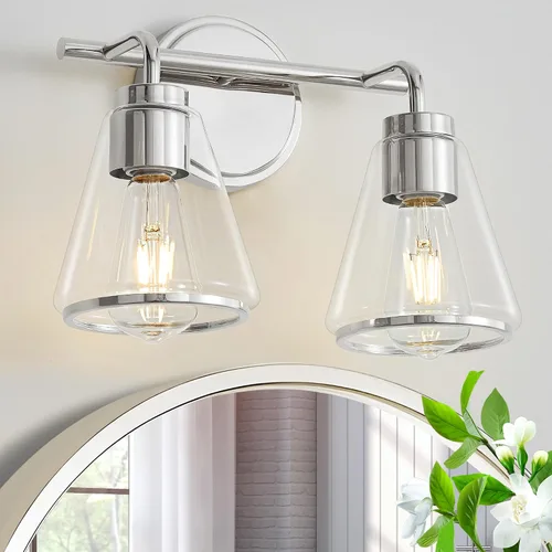 Vista 19 de Accesorios de iluminación de baño sobre espejo Luces de tocador doradas de 2 luces con pantalla de vidrio transparente de 14 pulgadas Luces
