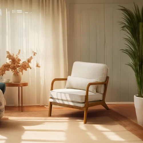 Vista 11 de Bonnlo - Silla de acento moderna de mediados de siglo con tela de lino beige, sillones de descanso con acolchado de madera maciza para sala