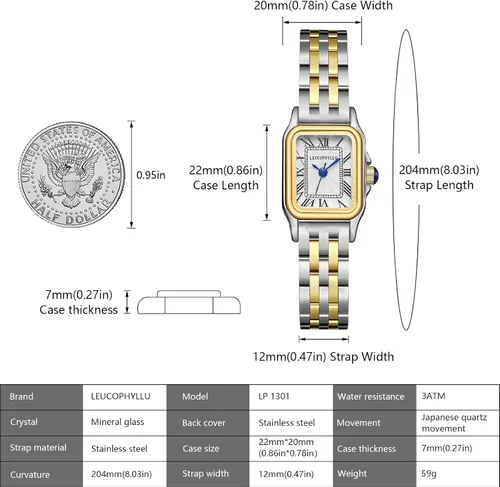 Vista 5 de Relojes pequeños de oro para mujer con funda rectangular vintage, esfera romana clásica, banda de acero inoxidable resistente al agua con cadena