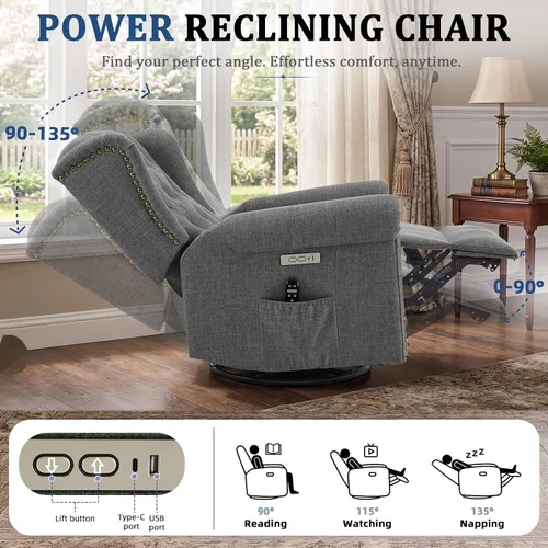 Vista 4 de Power Swivel Rocking Recliner Chair with Massage & Heat, Grey