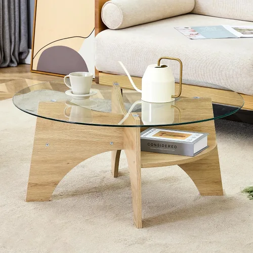 Vista 15 de Mesa de centro ovalada de vidrio de 48 pulgadas con cruz de vidrio templado y base de madera maciza, mesa central simple y moderna para sala