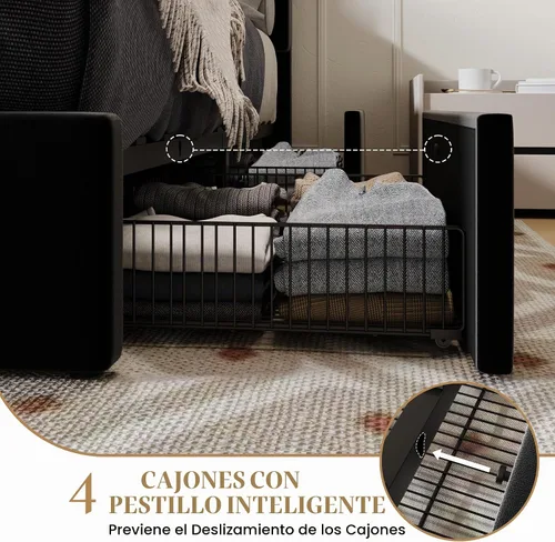 Vista 5 de SHA CERLIN Base de cama de plataforma tamaño matrimonial con 4 cajones de almacenamiento, cabecera acolchada vertical con diseño acanalado