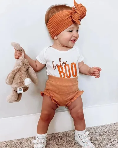 Vista 3 de Muasaaluxi Traje de Halloween para bebé recién nacida, mameluco de manga corta, pantalones cortos acanalados con diadema para Halloween