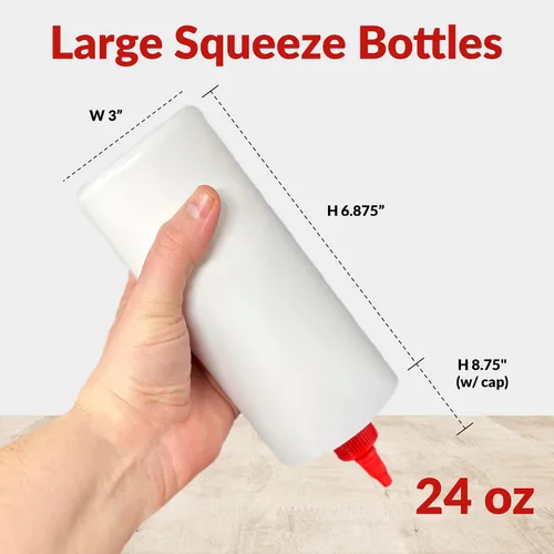 Vista 3 de Reli. Botellas de plástico para apretar, 24 onzas, paquete de 8, botellas exprimibles de condimentos para salsas, color blanco con tapa giratoria